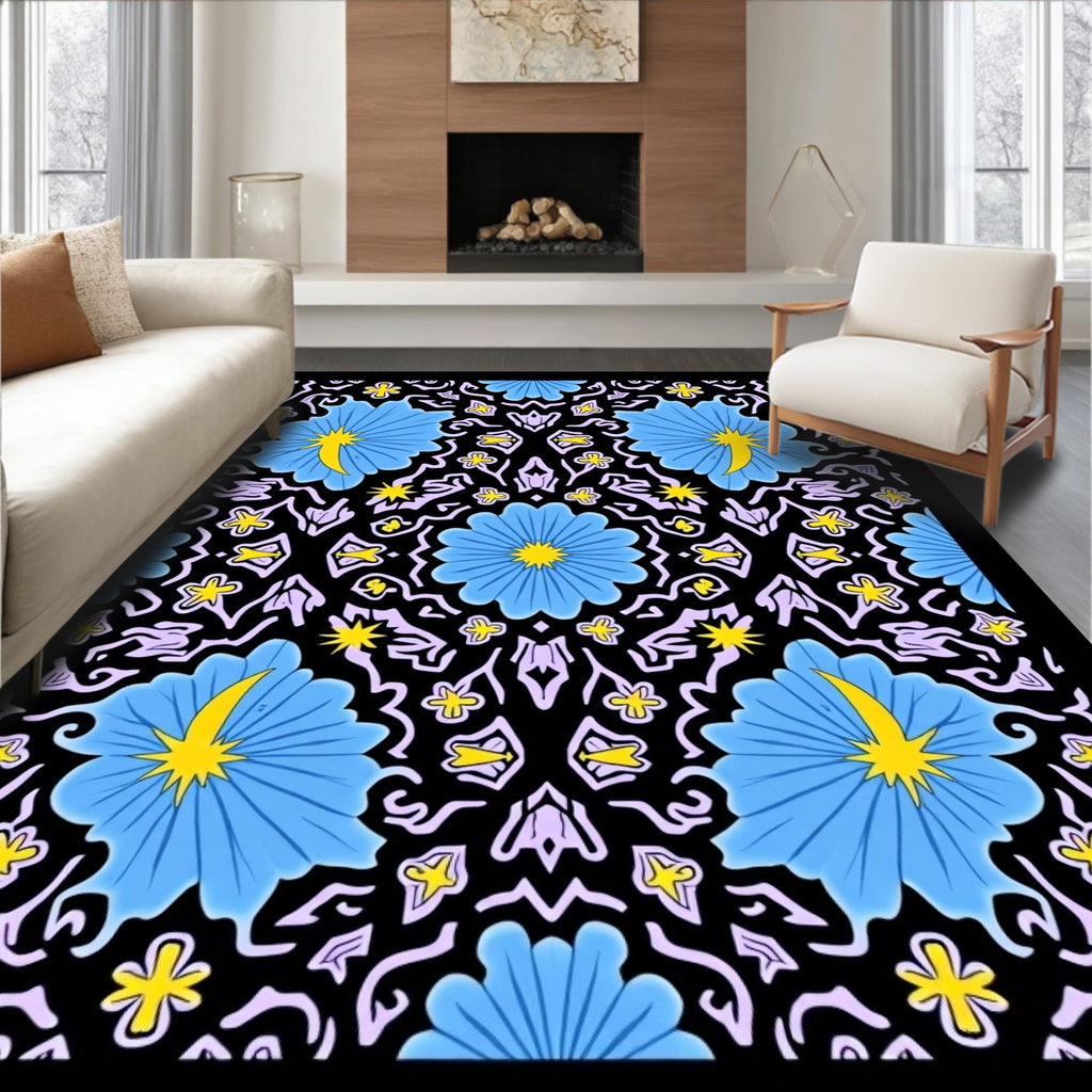 Blue Yellow Floral Black Symmetry Rug