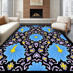 Blue Yellow Floral Black Symmetry Rug