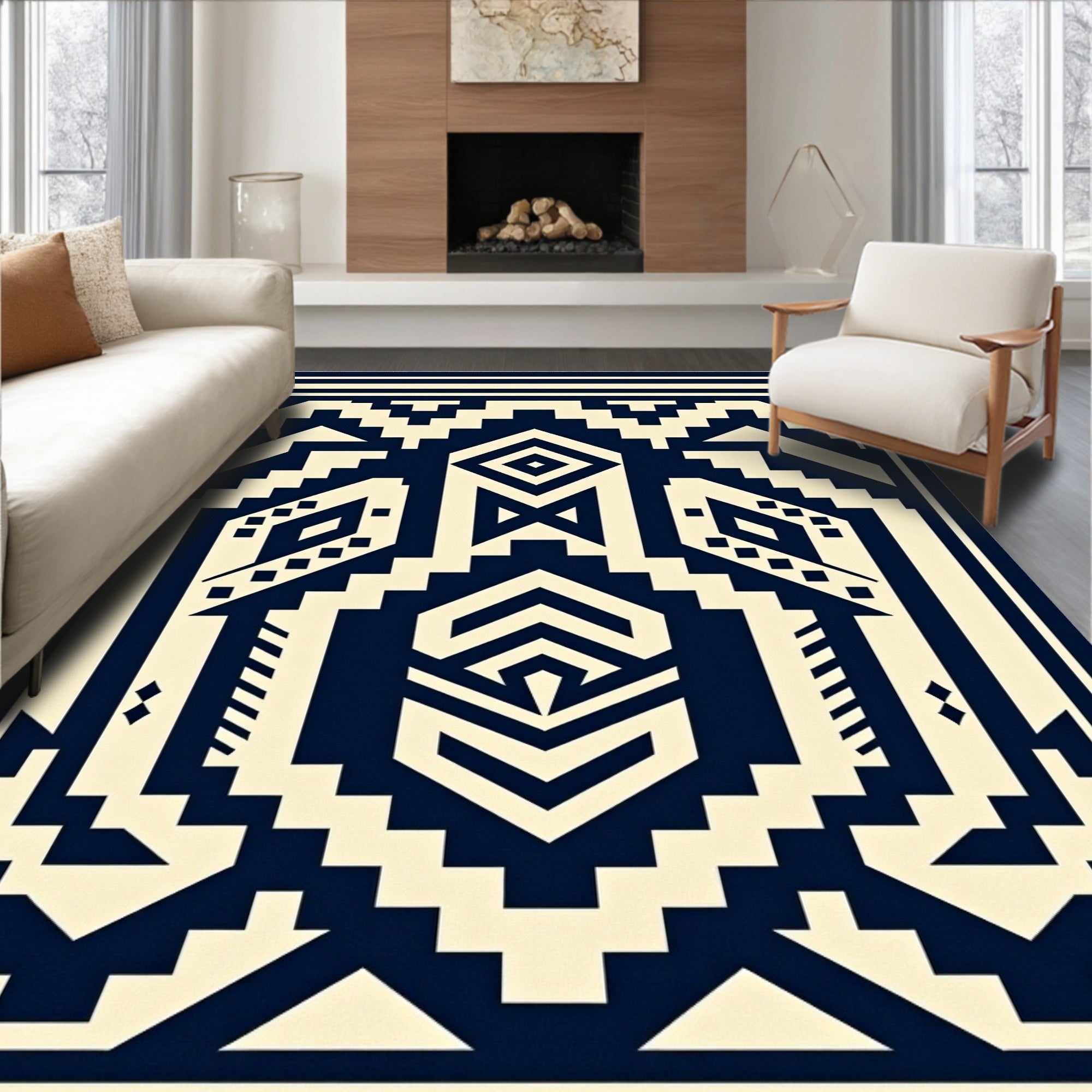 Navajo Inspired Navy Cream Geometric Rug