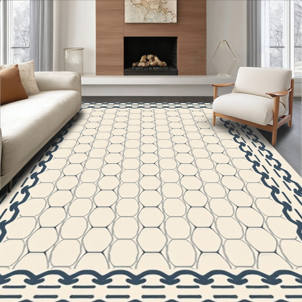 Cream Navy Chain Hexagon Border Rug