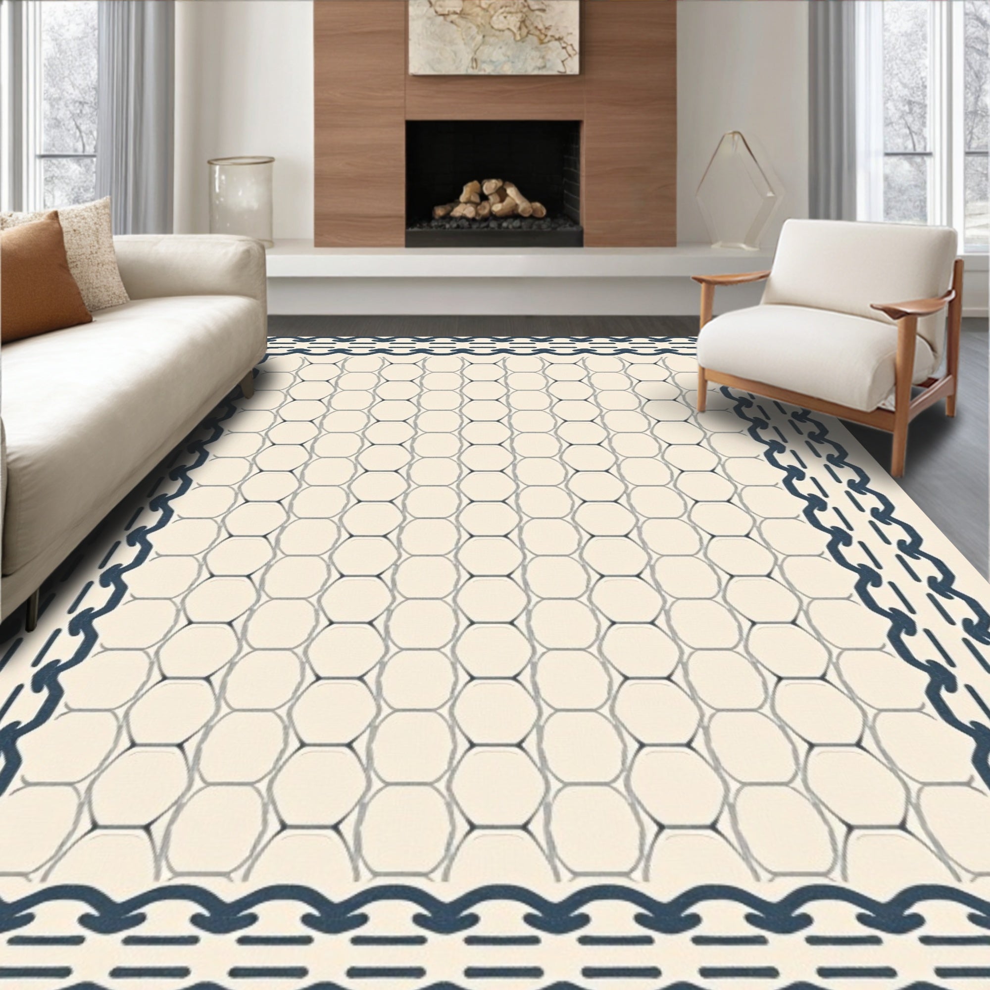 Cream Navy Chain Hexagon Border Rug