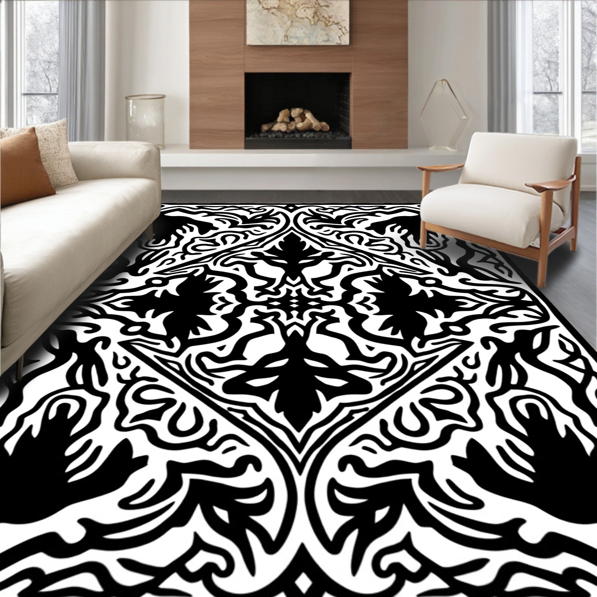 Black White Classical Floral Arabesque Rug