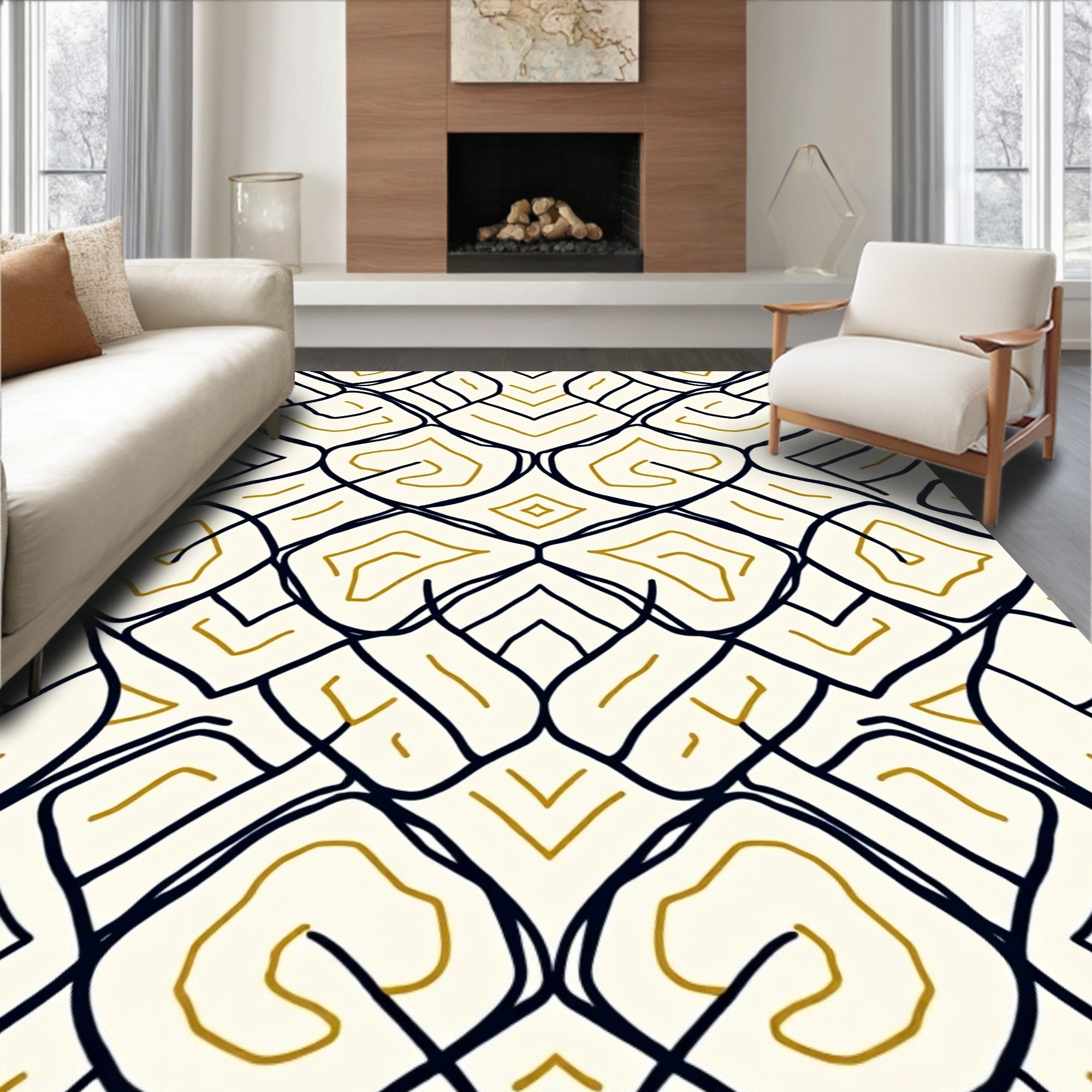 Cream Ochre Abstract Interlocking Shape Rug