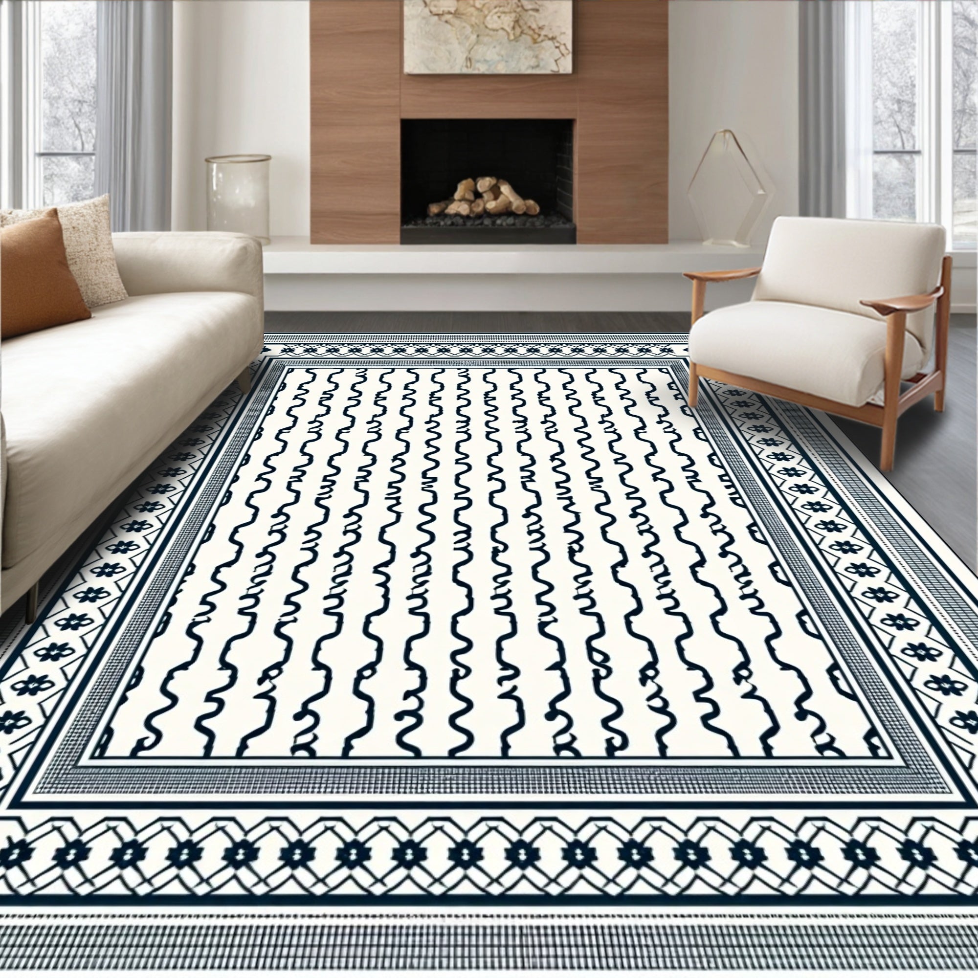 Navy Ivory Vertical Stripe Border Rug