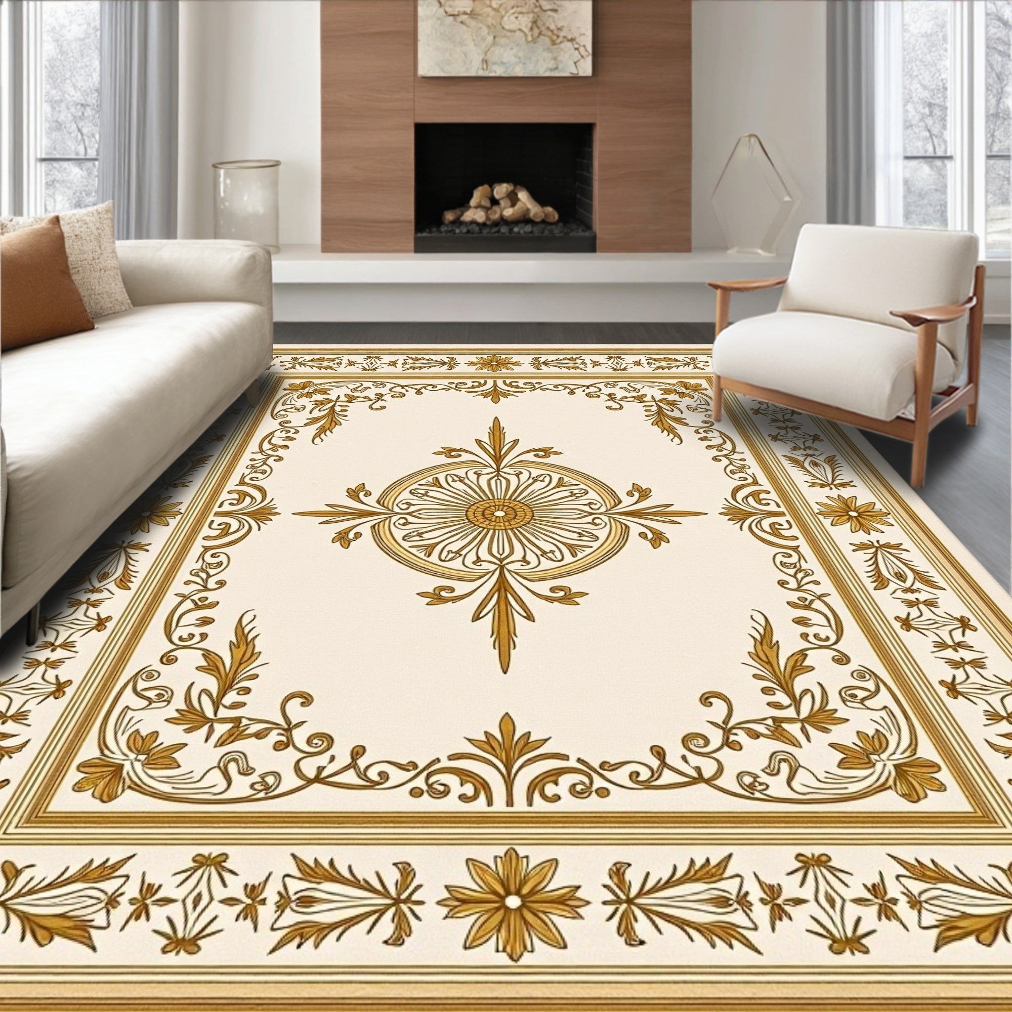 Ornate Golden Acanthus Scroll Border Rug