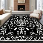 Black White Floral Medallion Art Decor Rug
