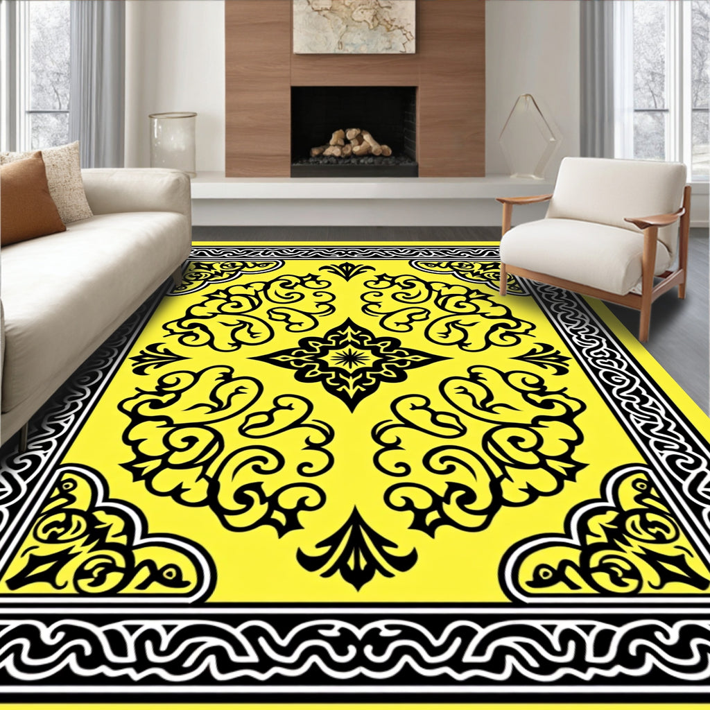 Bright Yellow Black Scrollwork Medallion Rug