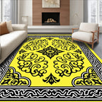 Bright Yellow Black Scrollwork Medallion Rug