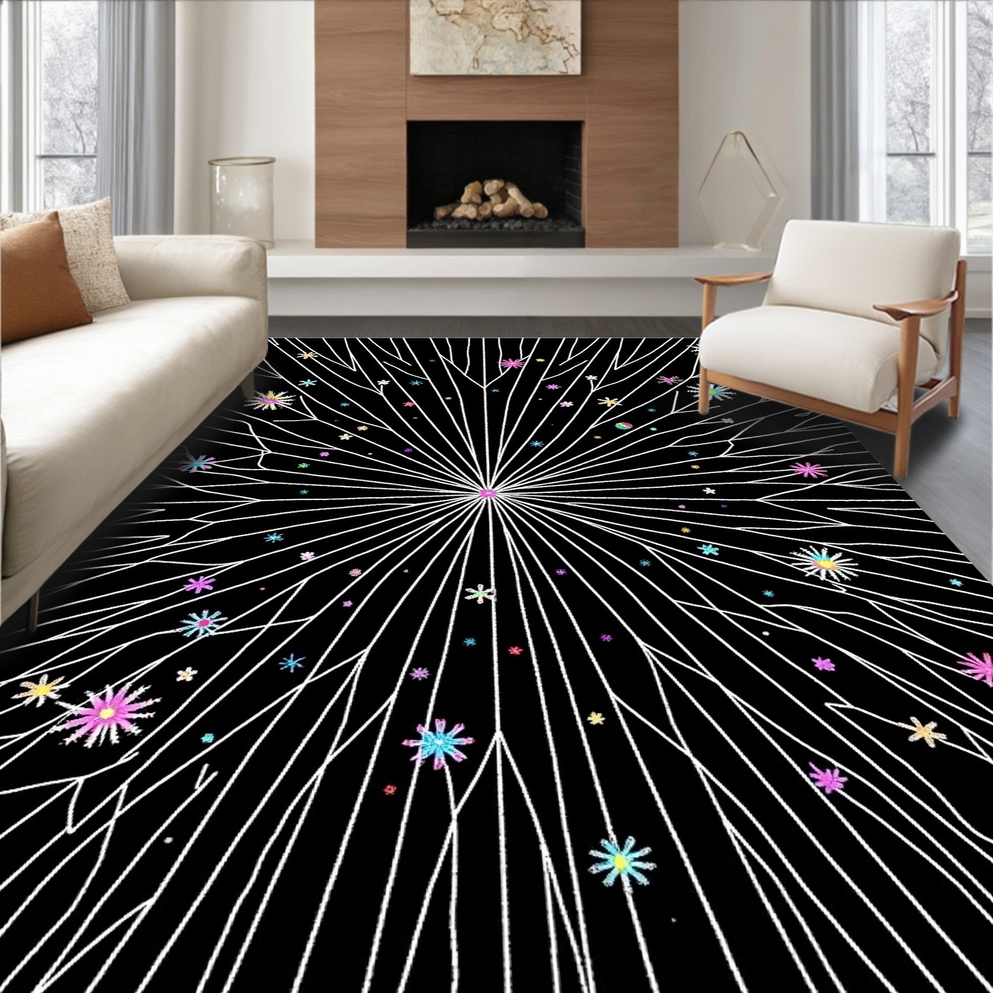 Starry Nightburst Abstract Floral Rug
