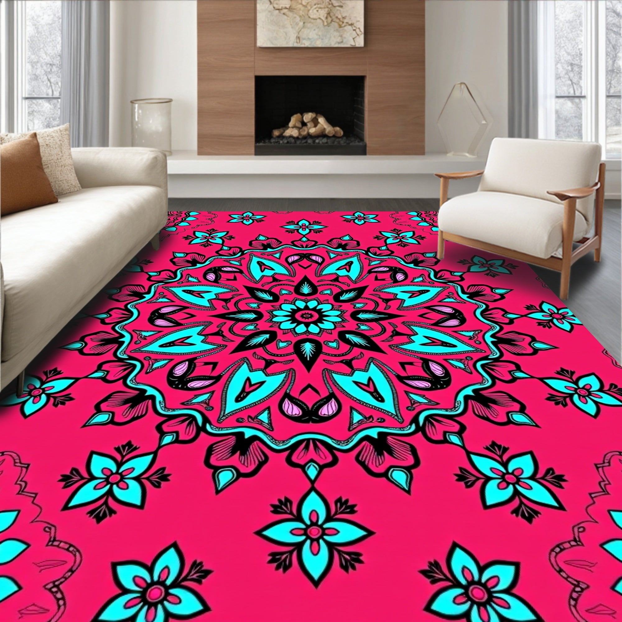 Vibrant Teal Floral Mandala Rug