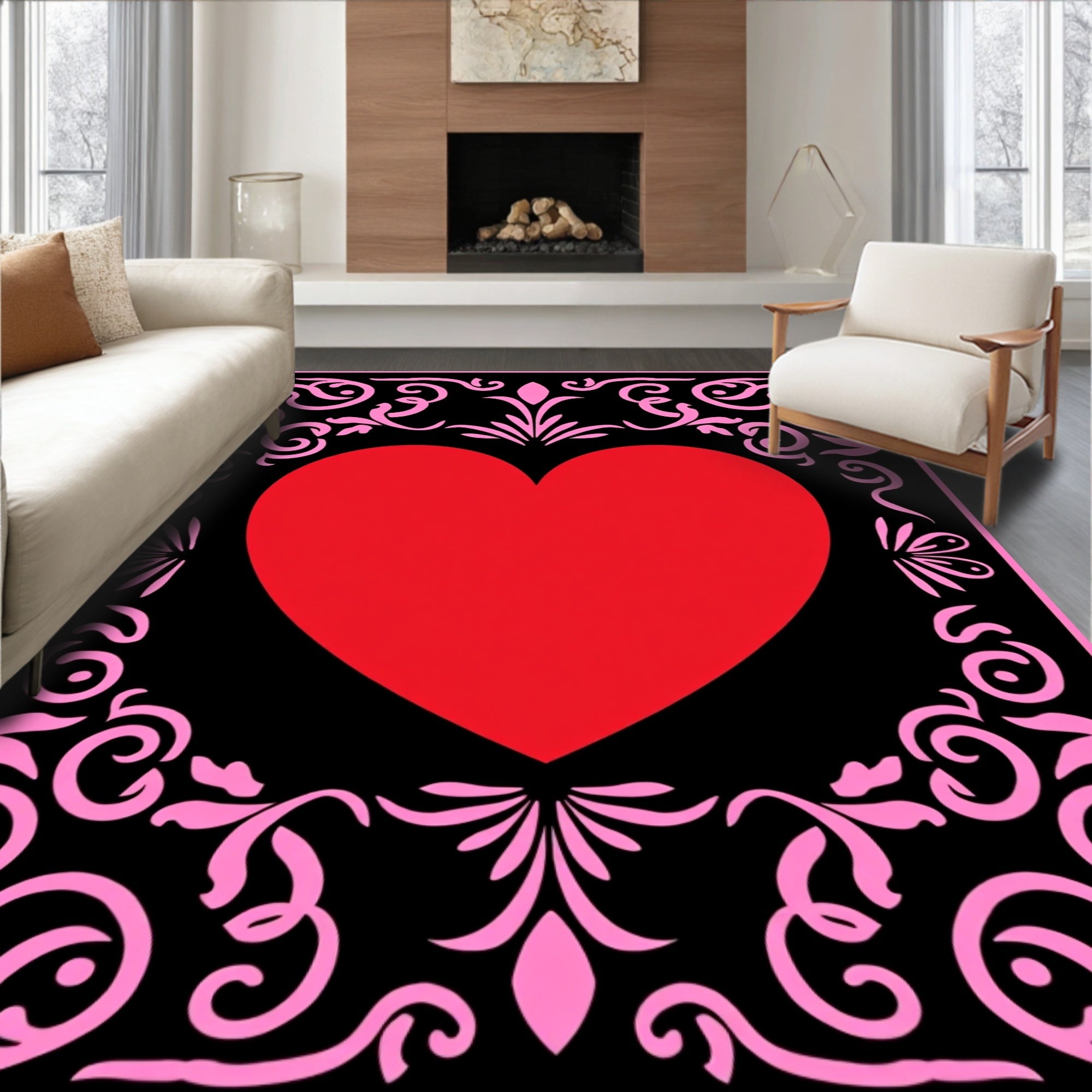 Red Heart Pink Floral Border Rug