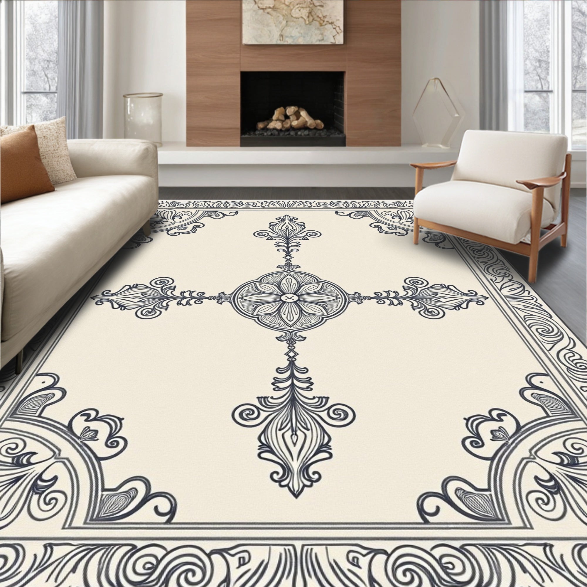 Vintage Navy Floral Medallion Border Rug