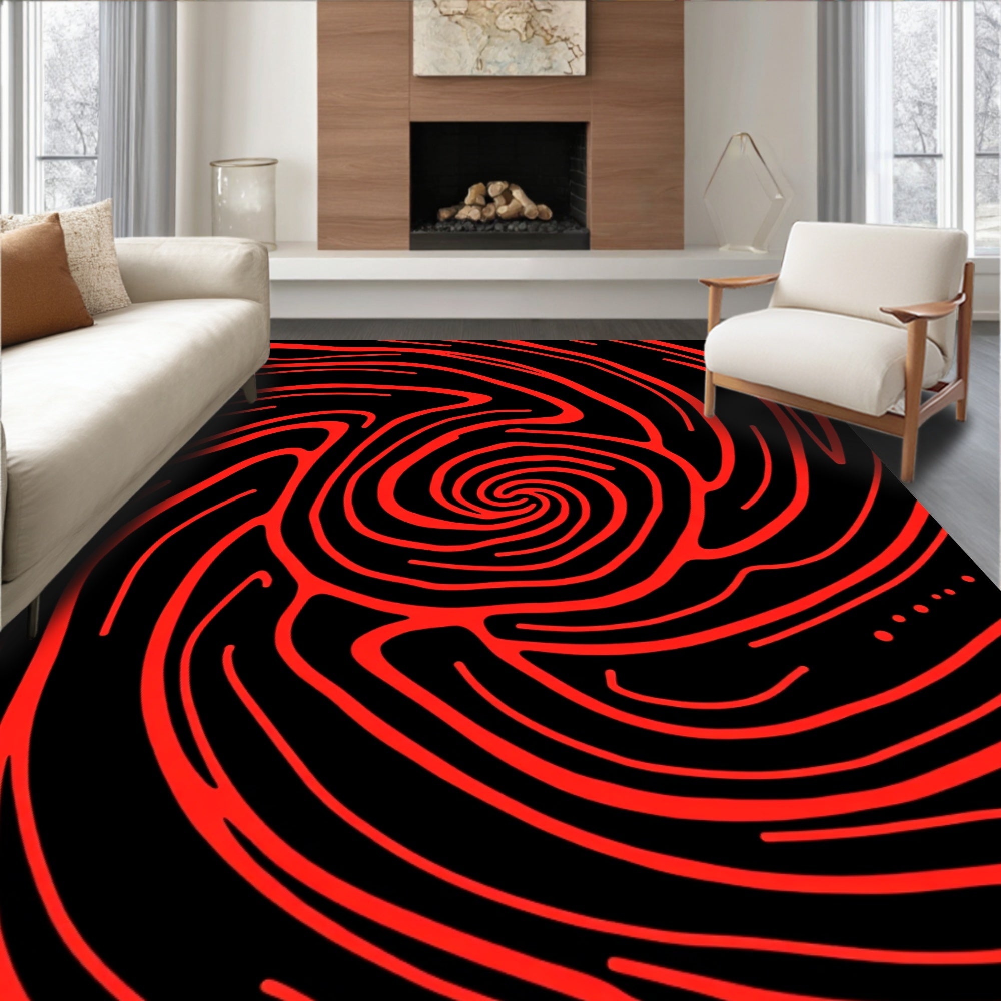 Crimson Swirl Abstract Lines Rug