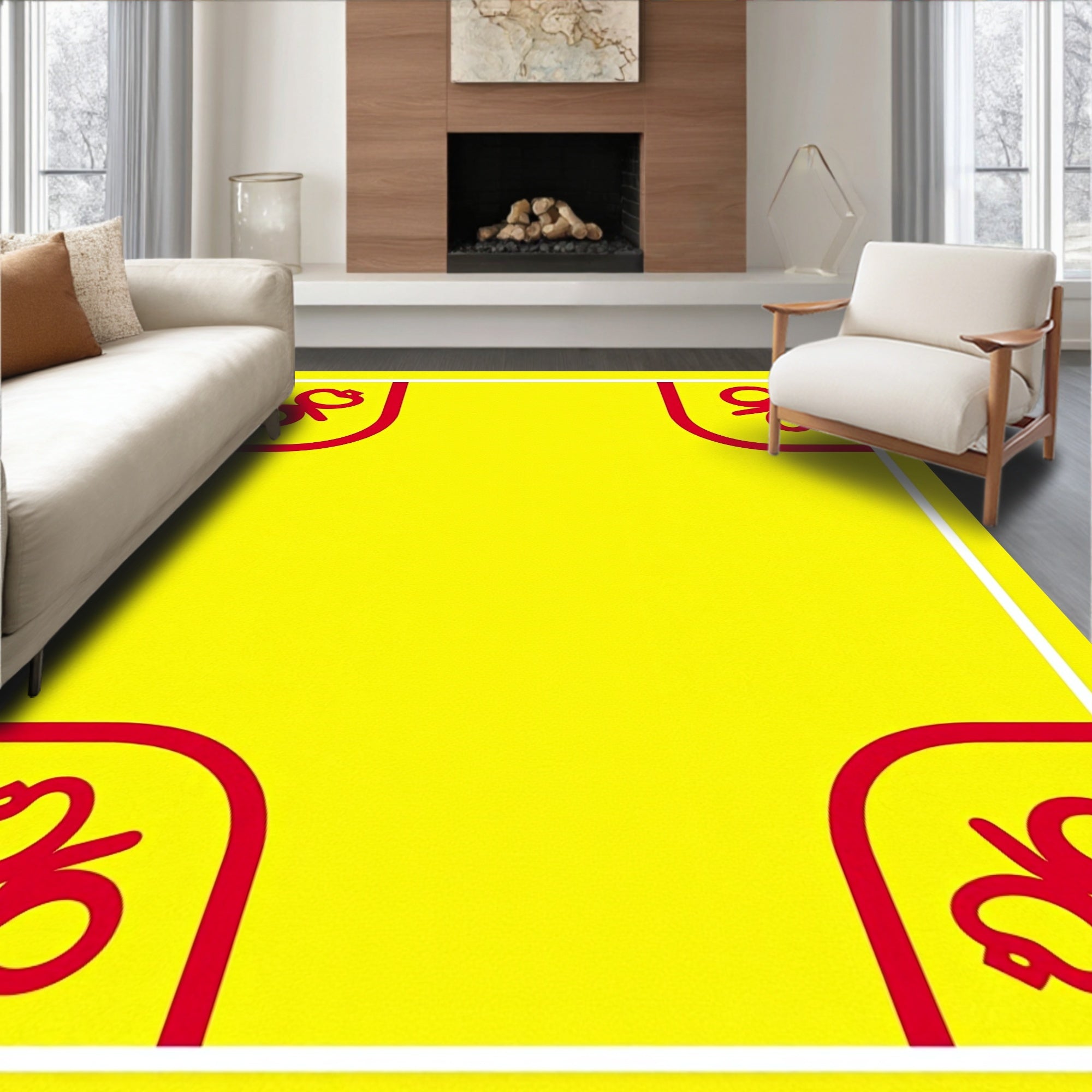 Bright Yellow Red Corner Scroll Rug