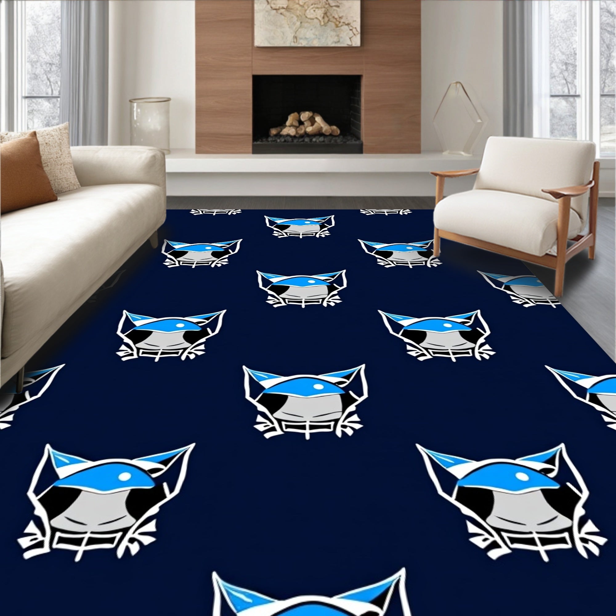 Modern Blue Feline Face Repeat Rug