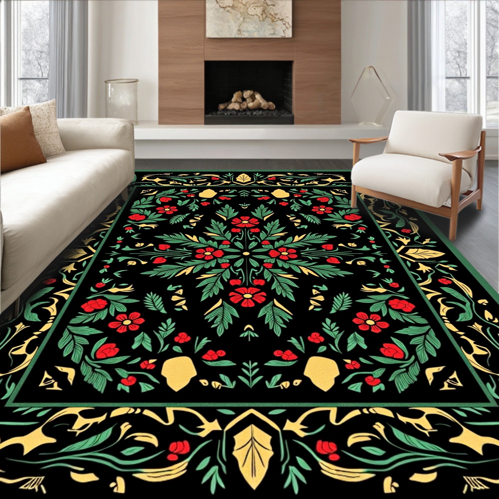 Vibrant Red Floral Botanical Medallion Rug