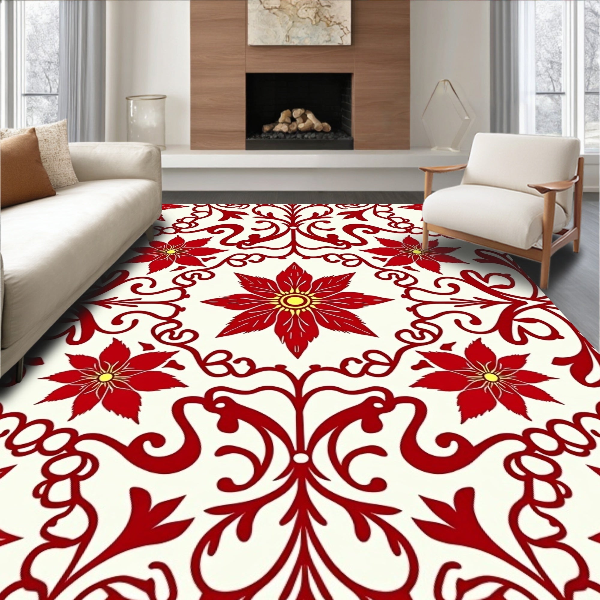 Crimson Floral Vine Medallion Rug