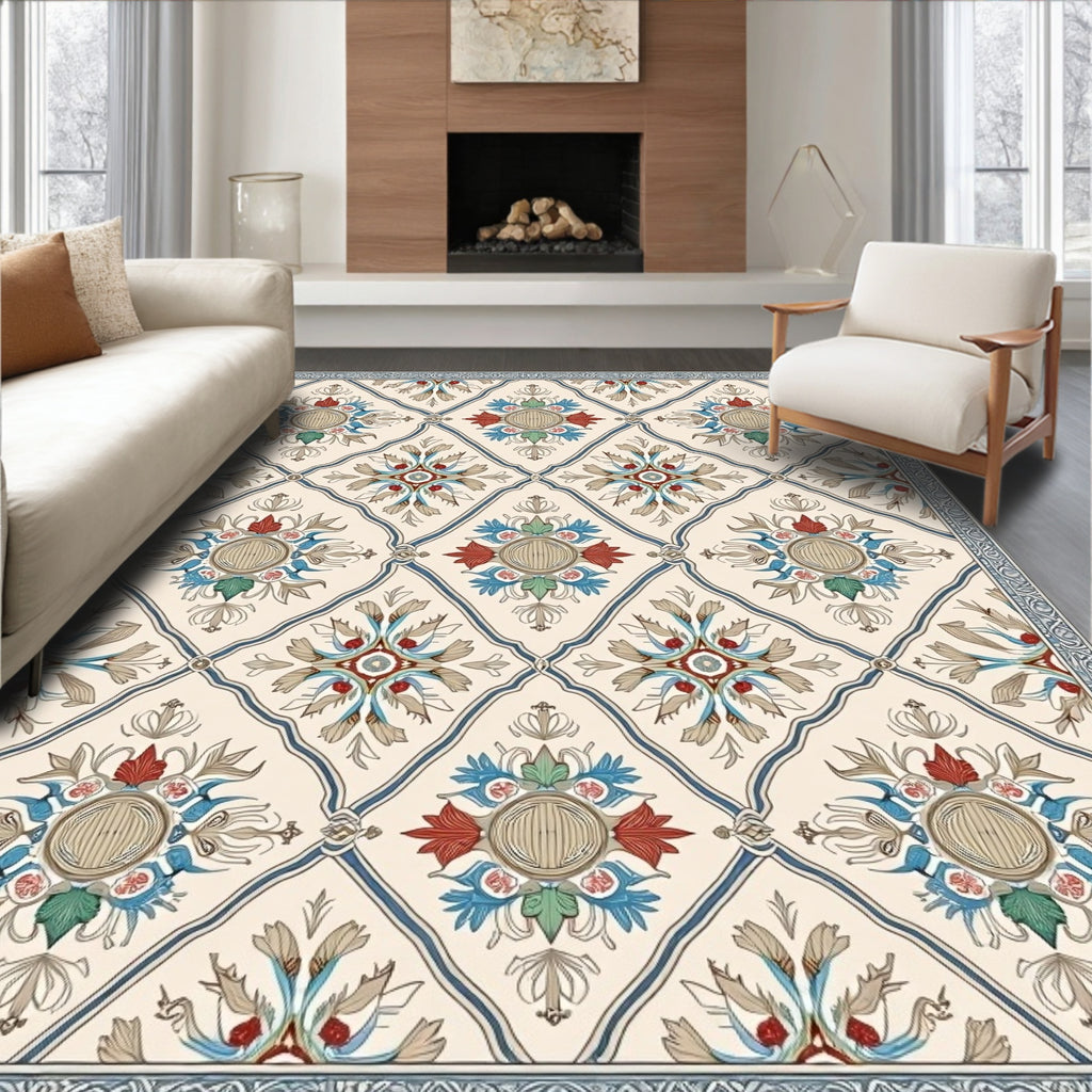 Cream Lattice Red Blue Garden Medallion Rug