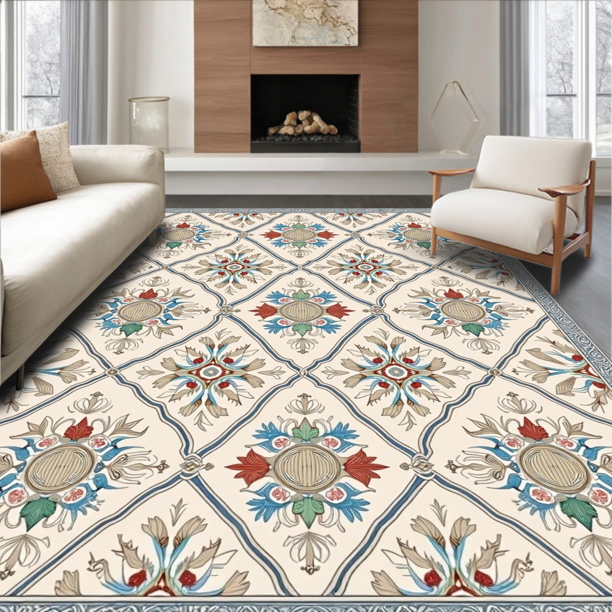 Cream Lattice Red Blue Garden Medallion Rug
