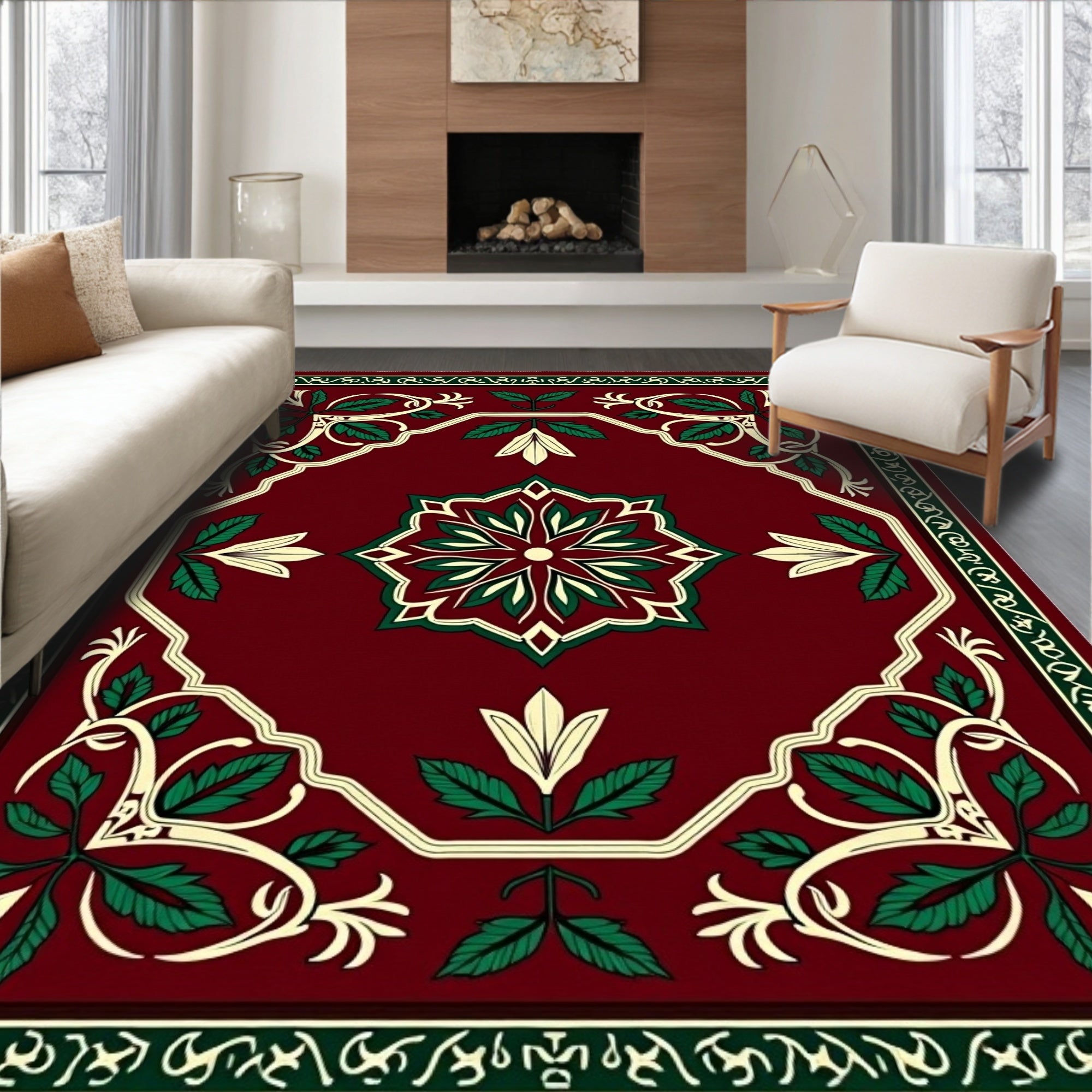 Deep Red Floral Medallion Garden Rug