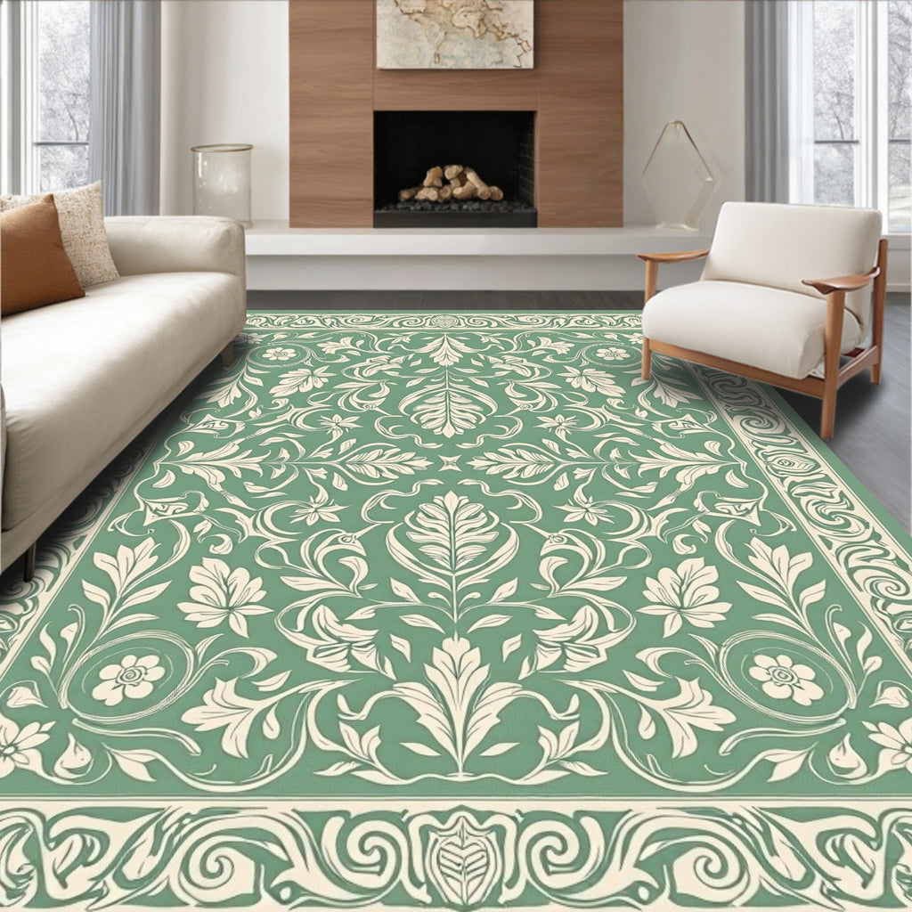 Sage Green Floral Scroll Border Rug