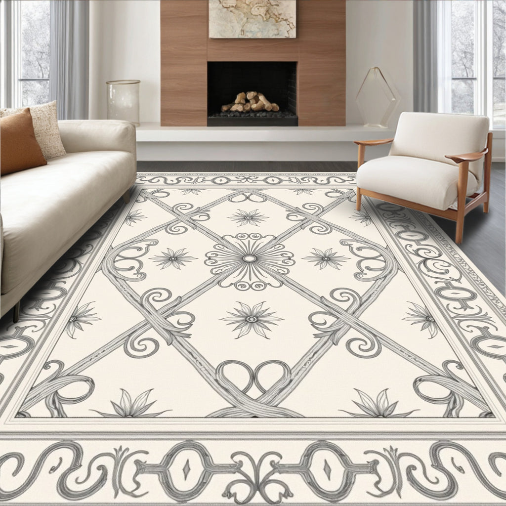 Cream and Gray Scroll Garden Rug