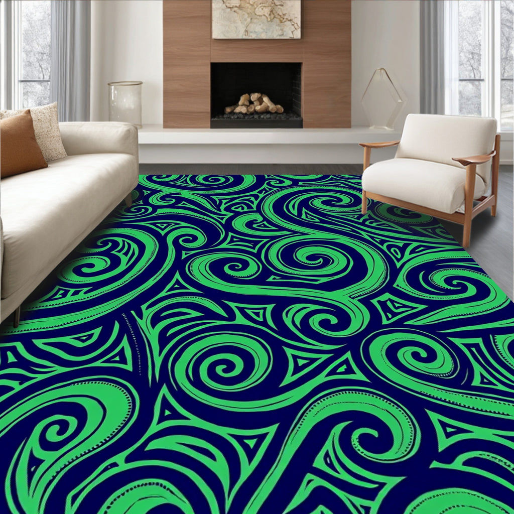 Green Swirl Navy Tribal Rug