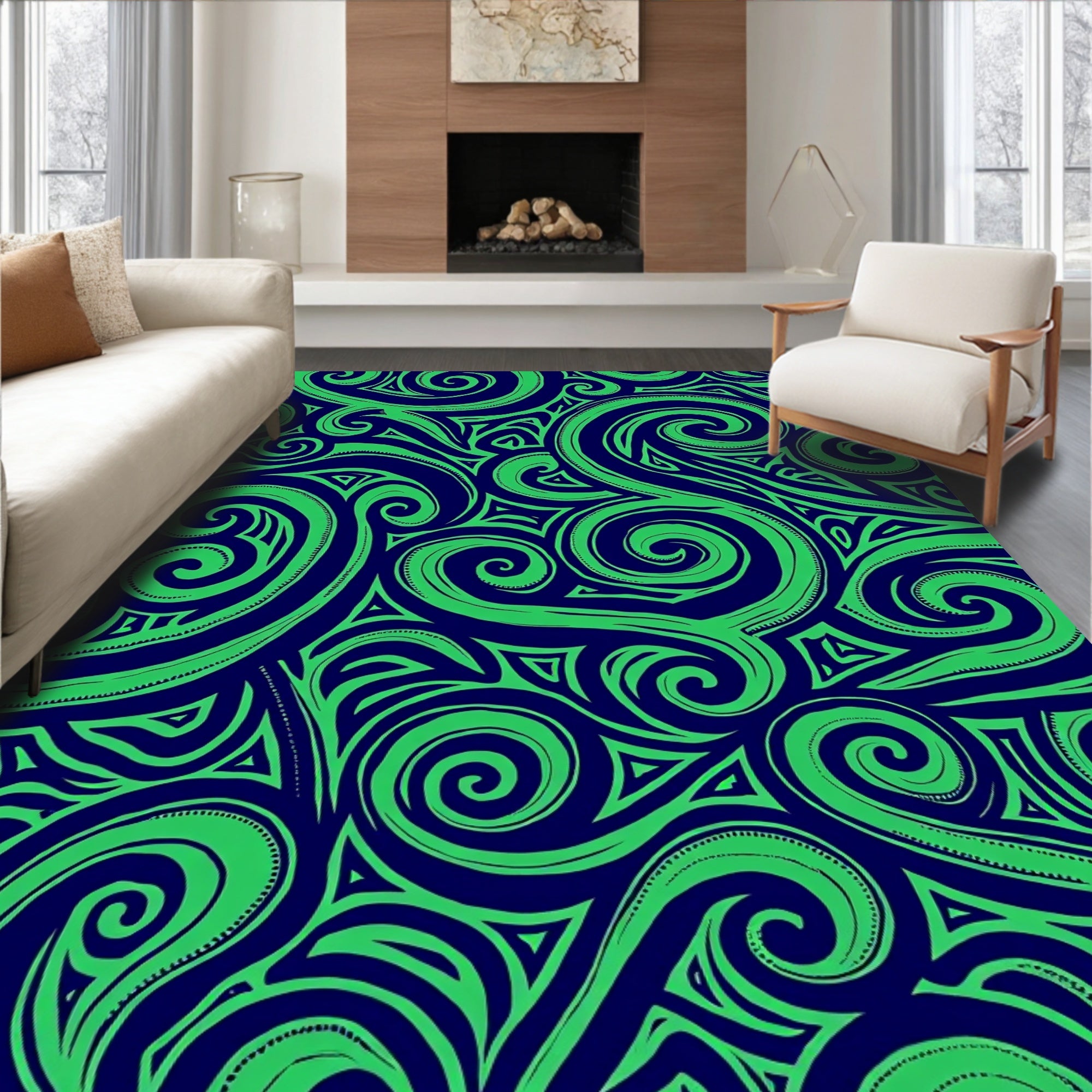 Green Swirl Navy Tribal Rug