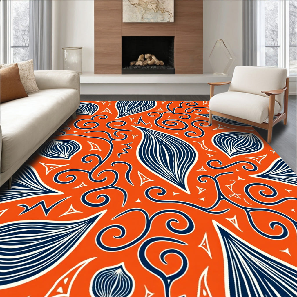 Bold Orange Navy Swirl Leaf Rug