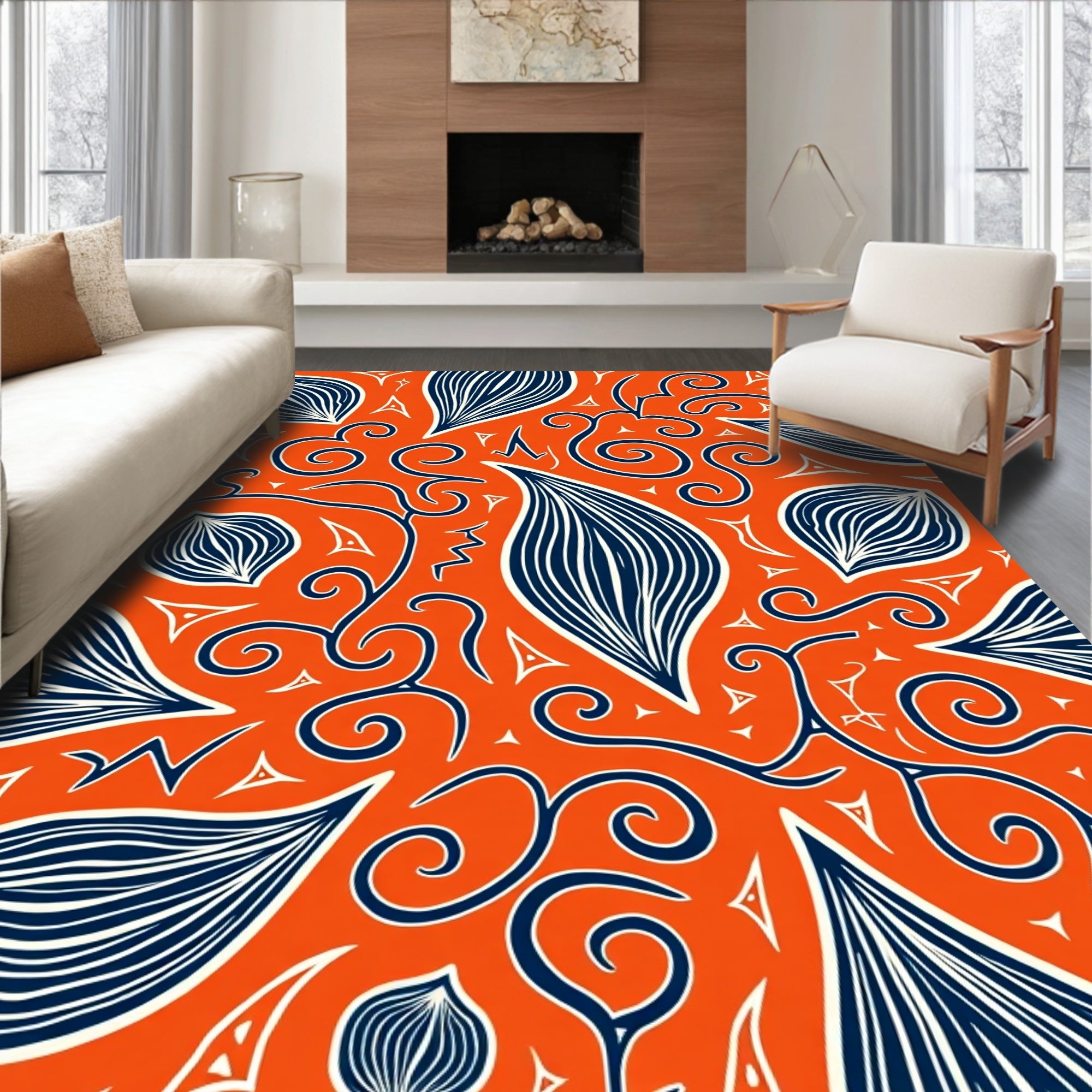 Bold Orange Navy Swirl Leaf Rug