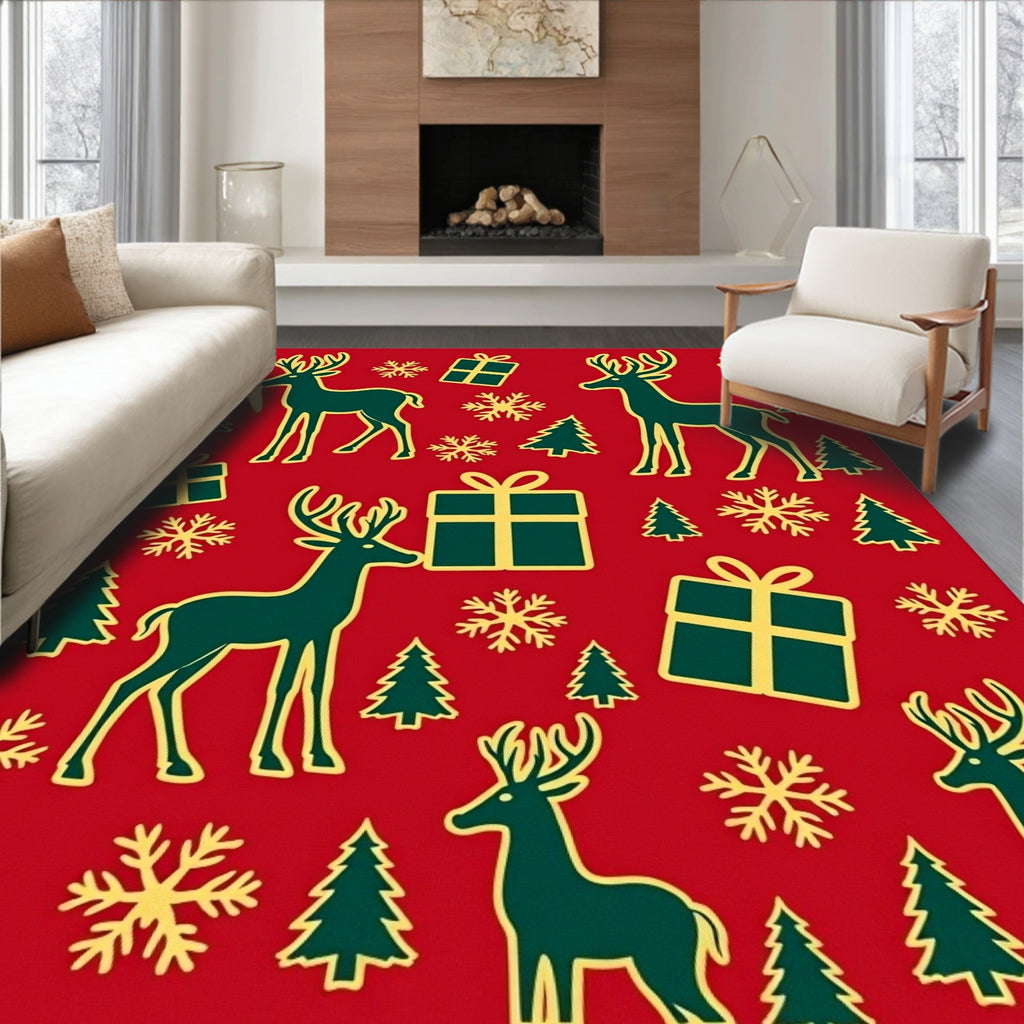 Festive Red Deer Gift Tree Snowflakes Rug