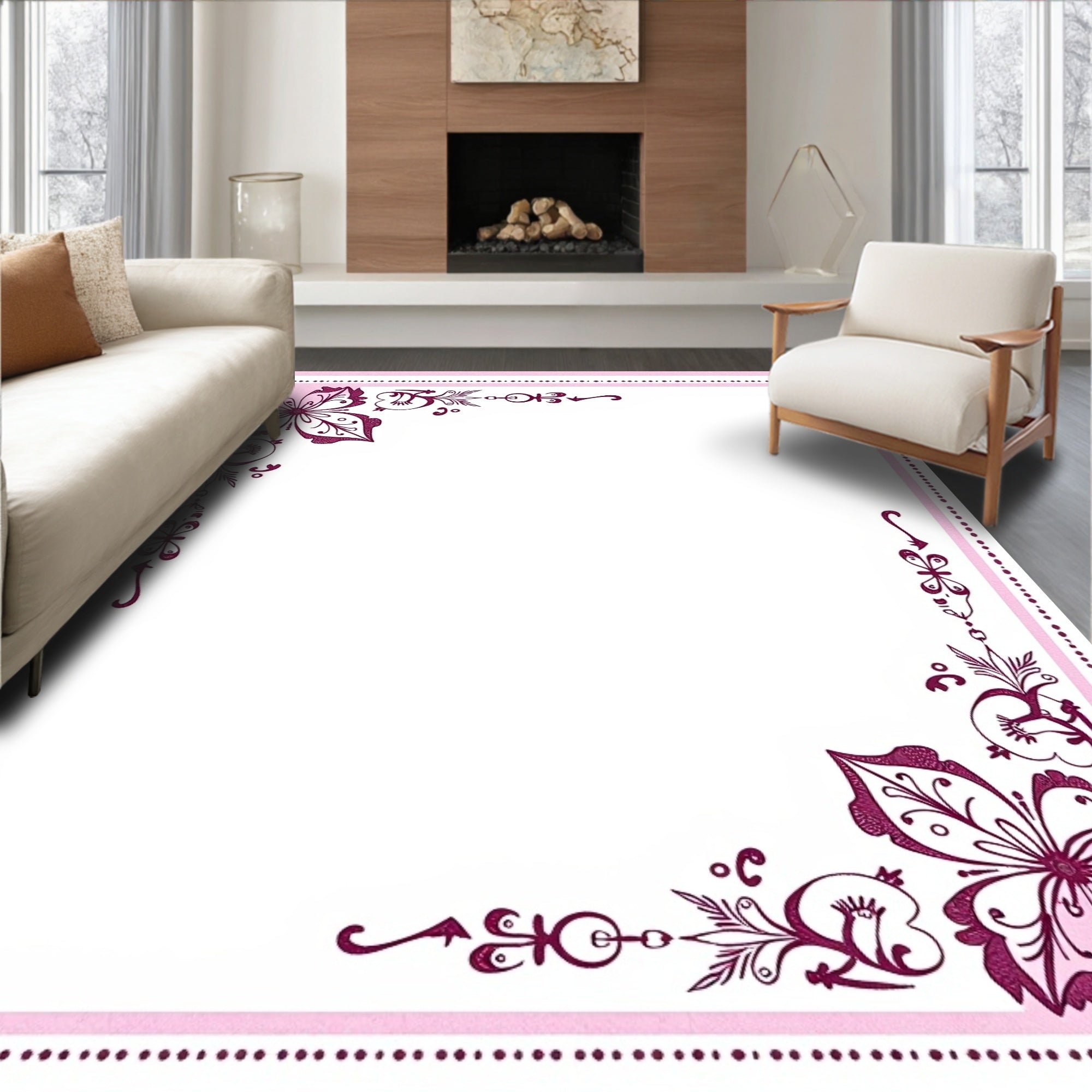 Fuchsia Butterfly Flourish Corner Accents Rug