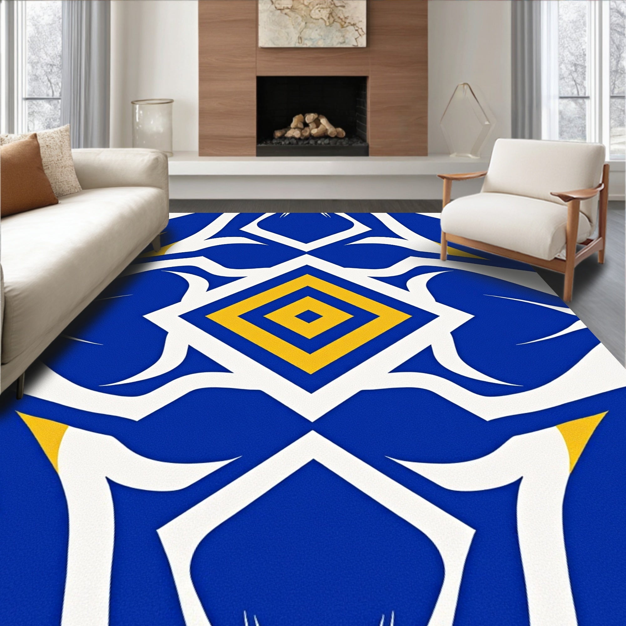 Bold Yellow Blue Geometric Diamond Rug