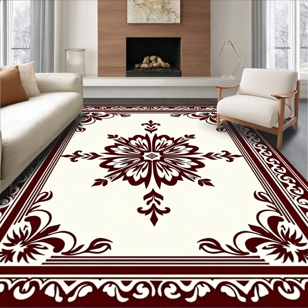 Dark Red Floral Medallion Border Rug