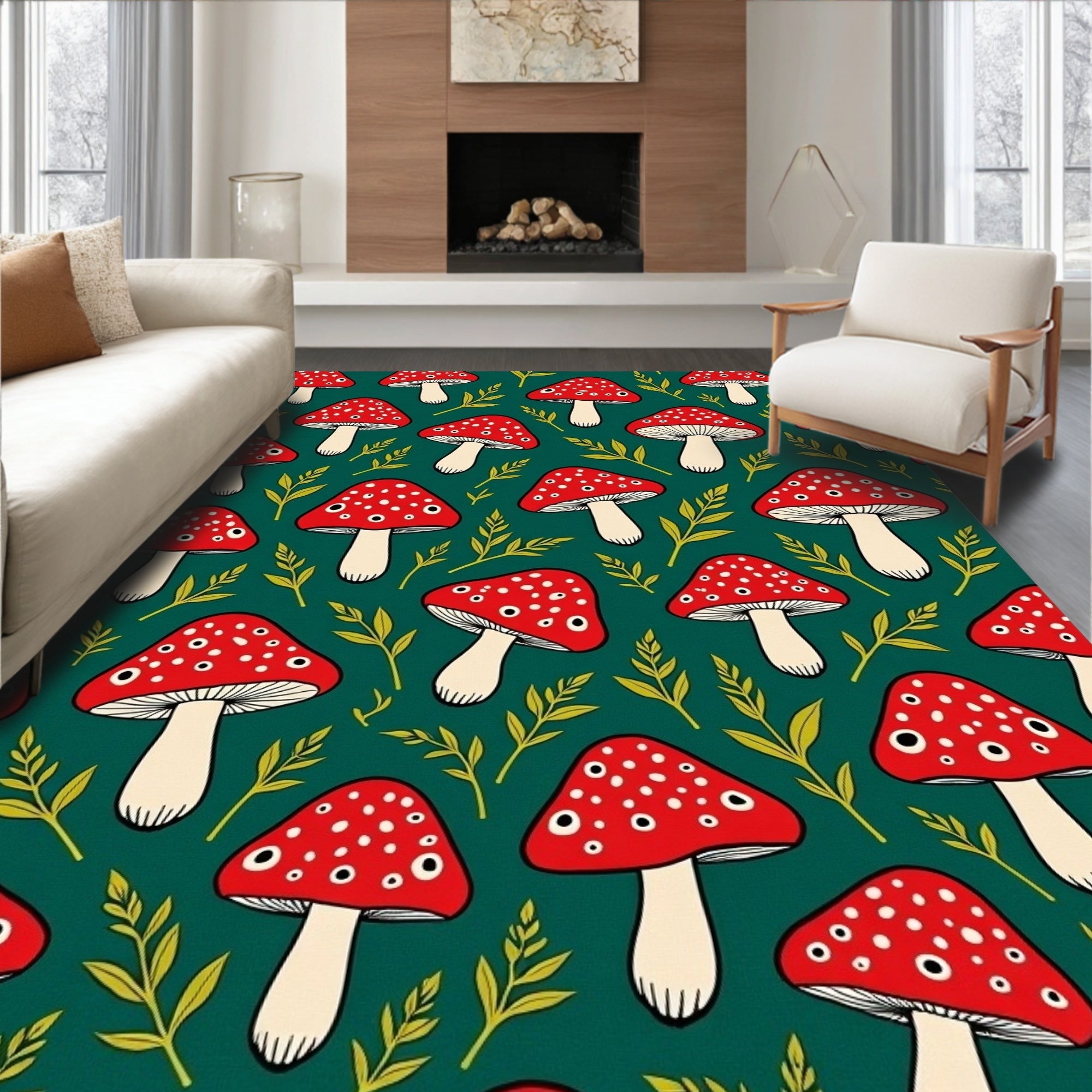 Red Mushroom Forest Whimsical Repeat Rug