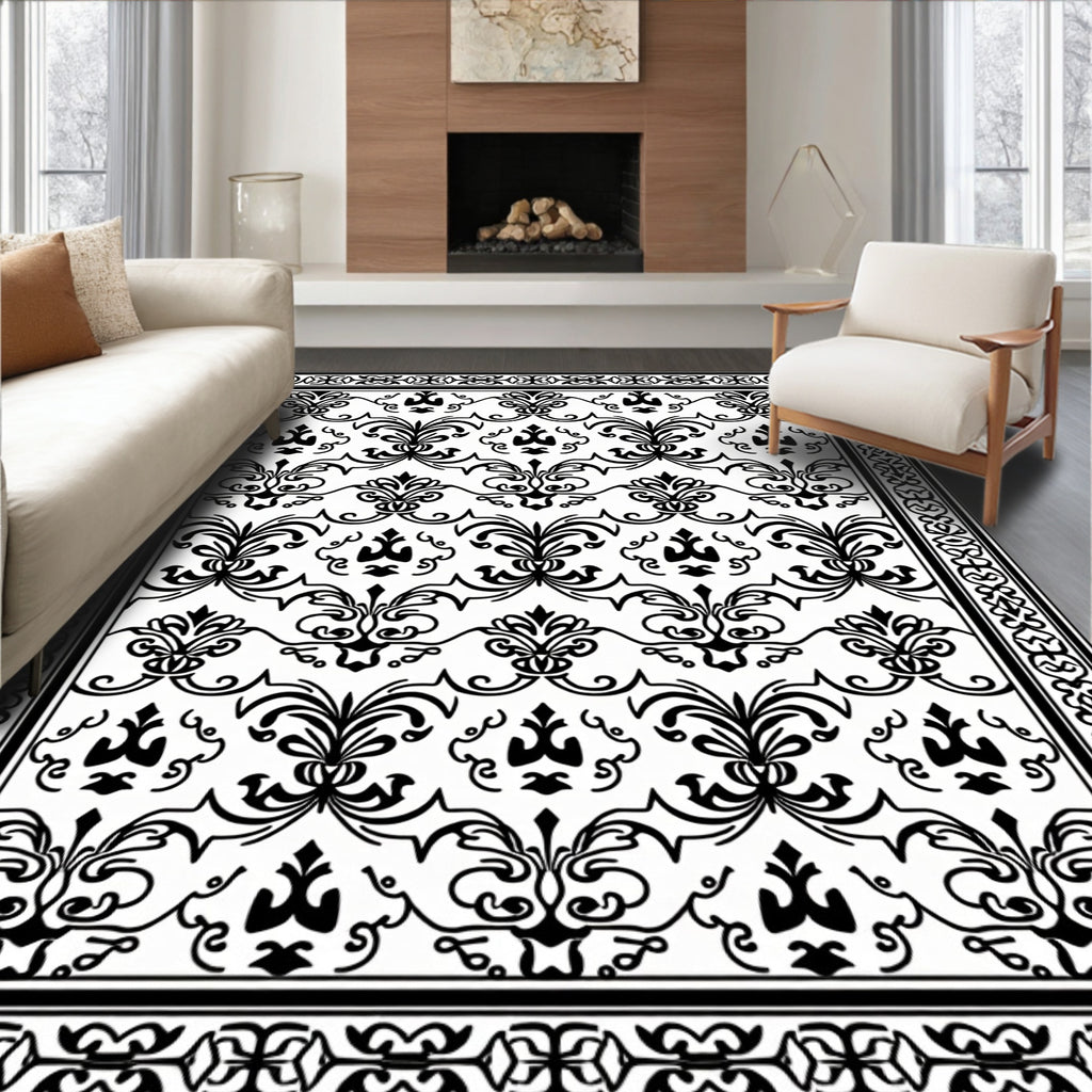 Classic Black and White Damask Scroll Rug