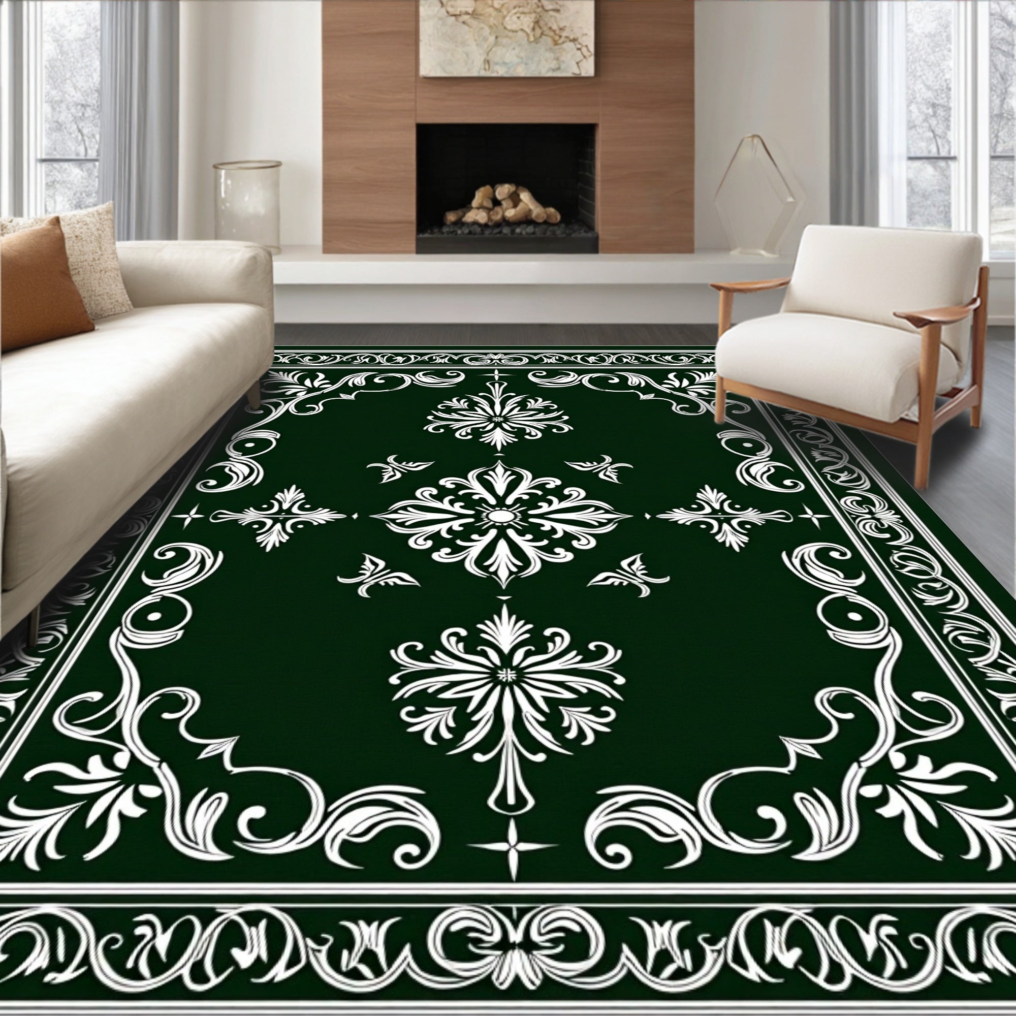 Victorian Green White Floral Medallion Rug