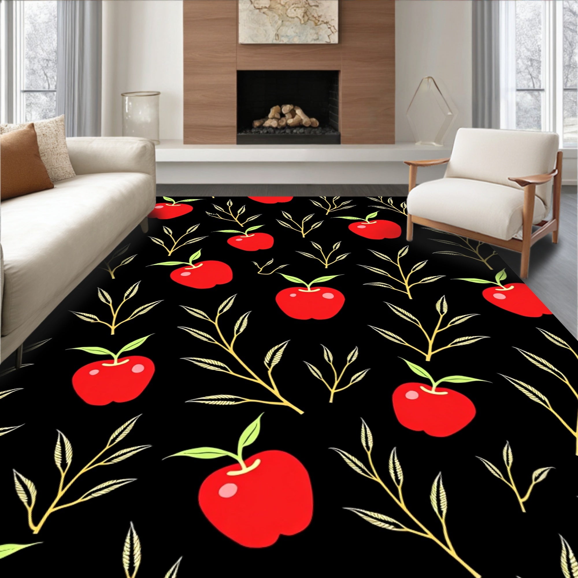 Red Apples and Golden Branches on Black Rug
