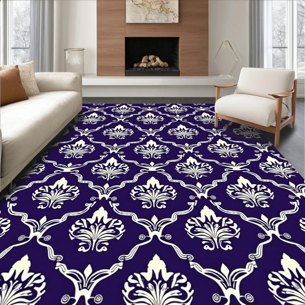 Rich Indigo White Damask Scroll Rug