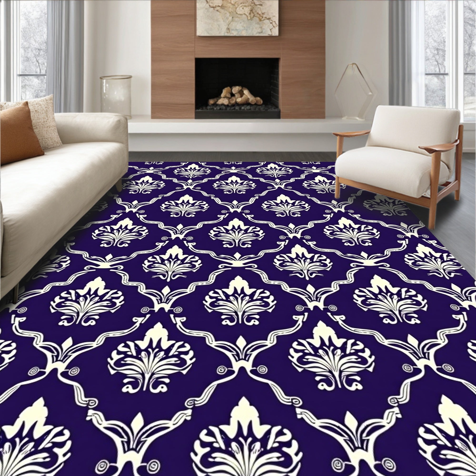 Rich Indigo White Damask Scroll Rug