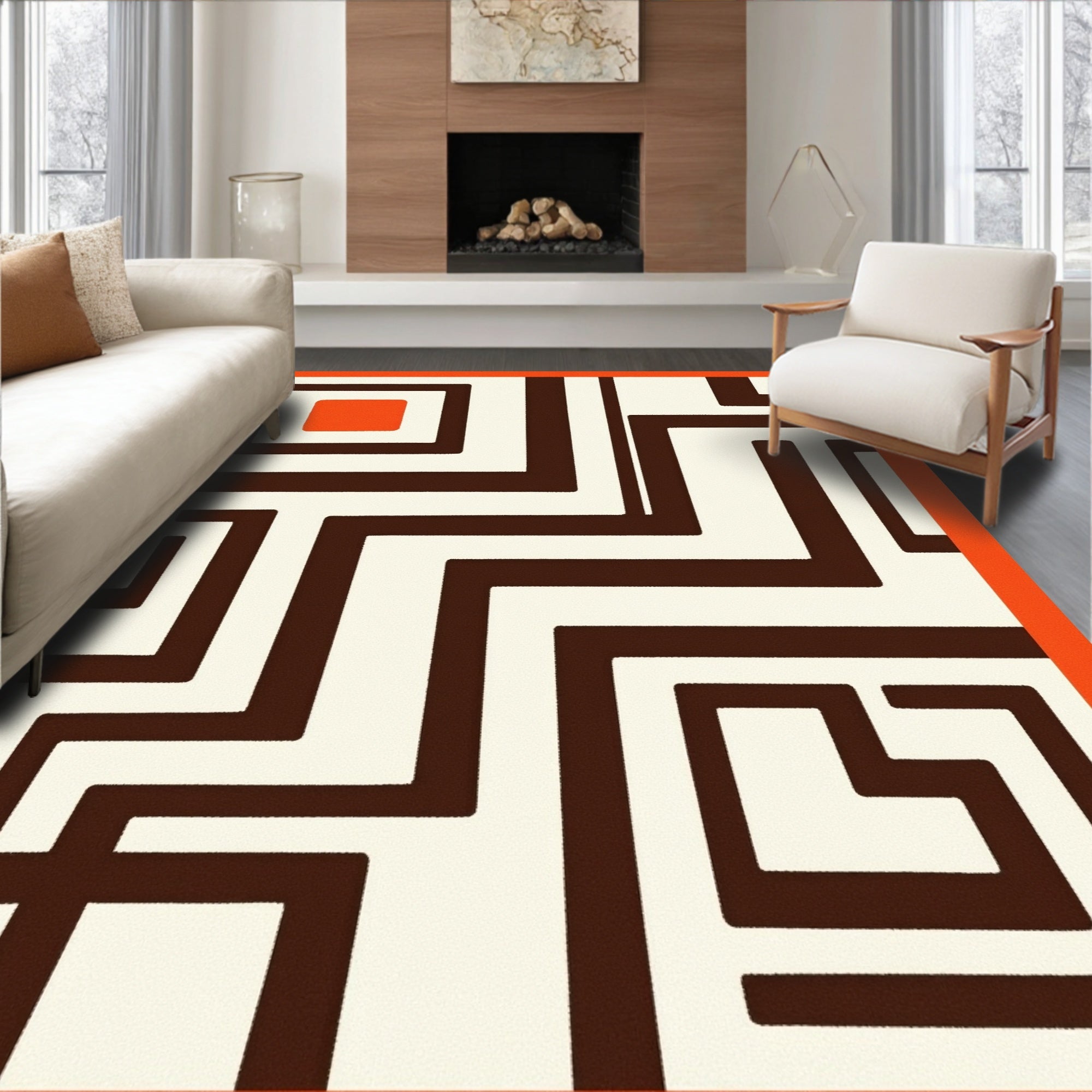 Retro Orange Brown Geometric Maze Rug