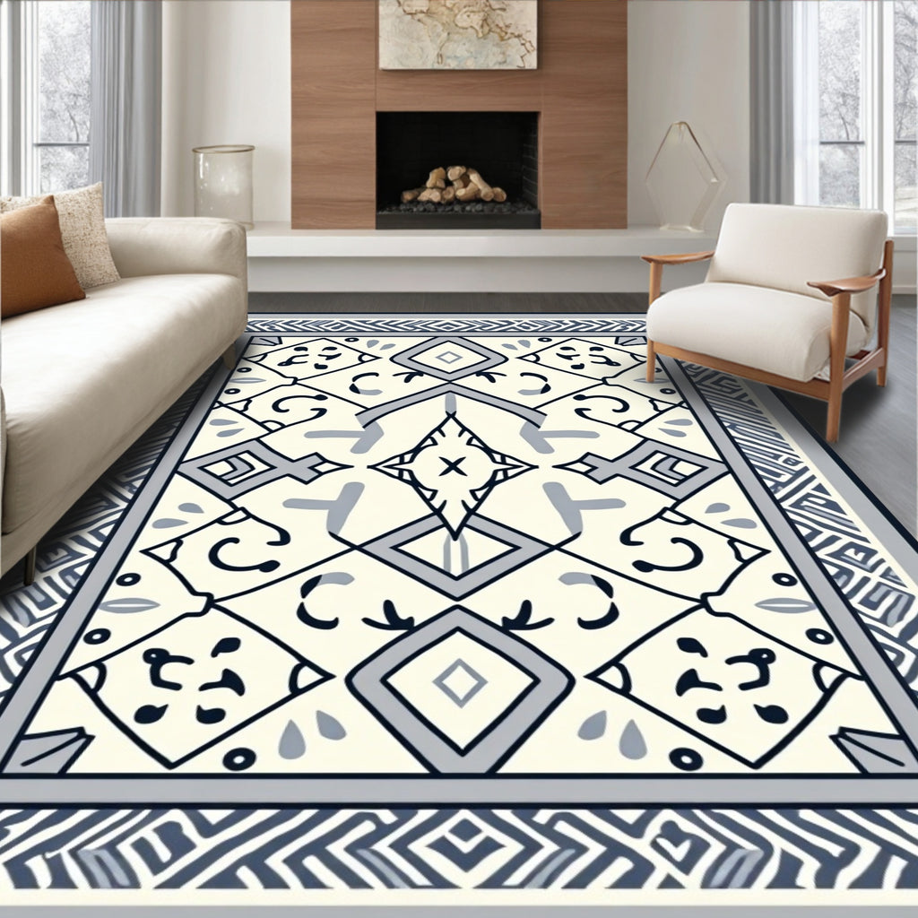 Cream Blue Geometric Central Diamond Rug
