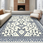 Cream Blue Geometric Central Diamond Rug