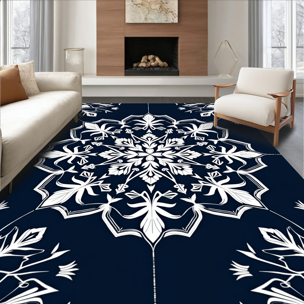 Navy White Ornate Floral Mandala Rug