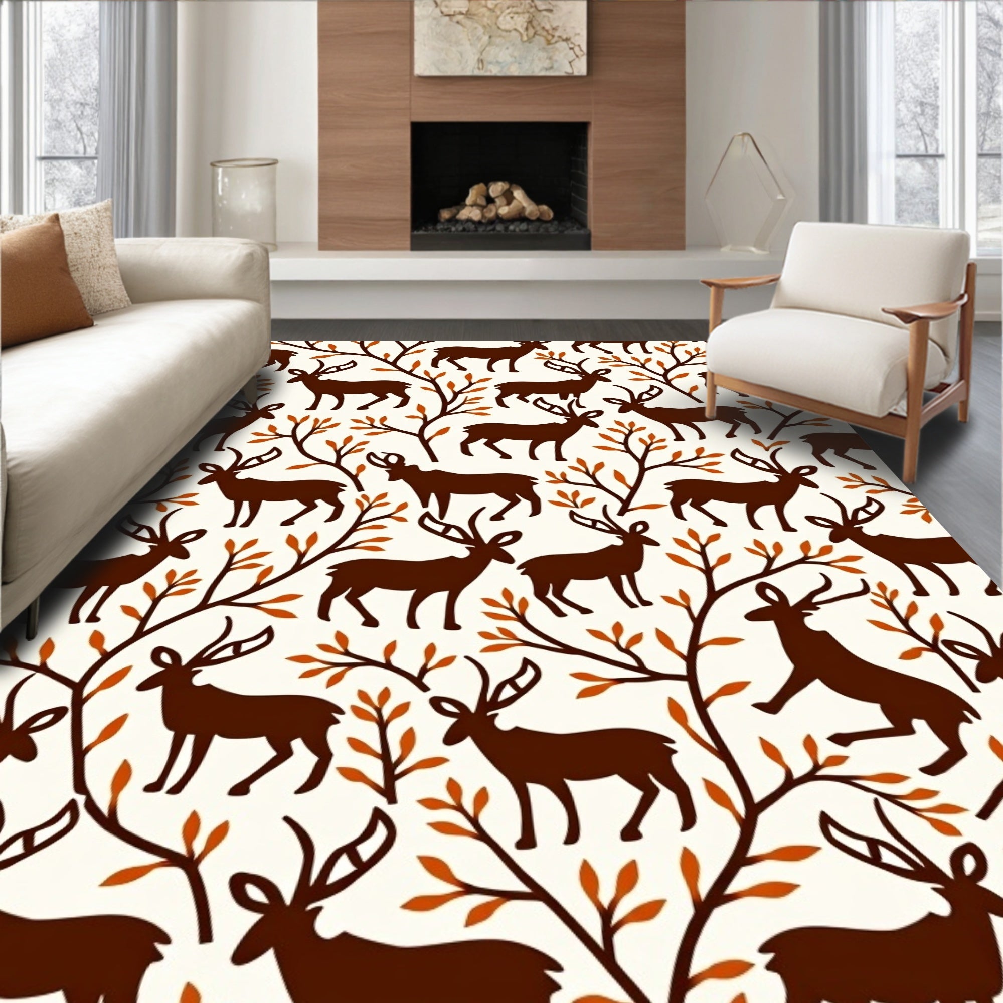 Rustic Woodland Deer And Branches Rug