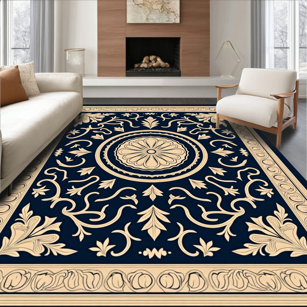 Dark Blue Floral Medallion Border Rug