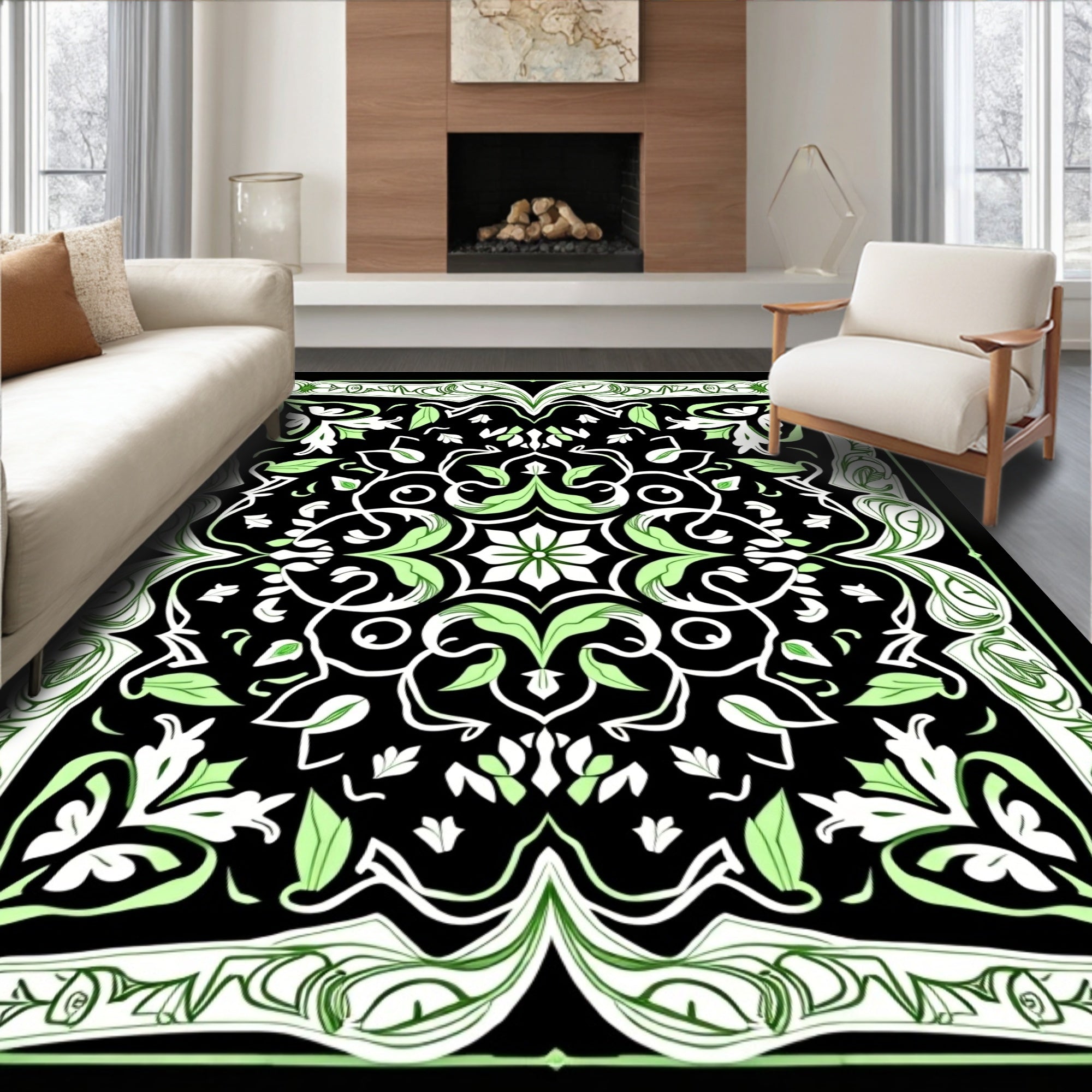Elegant Black Green Floral Medallion Rug