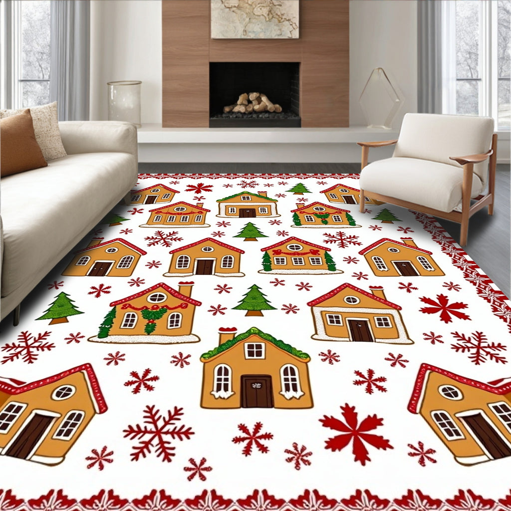 Whimsical Gingerbread Village Winter Snowflakes Rug