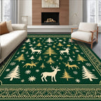 Forest Deer Evergreen Trees Snowflakes Rug