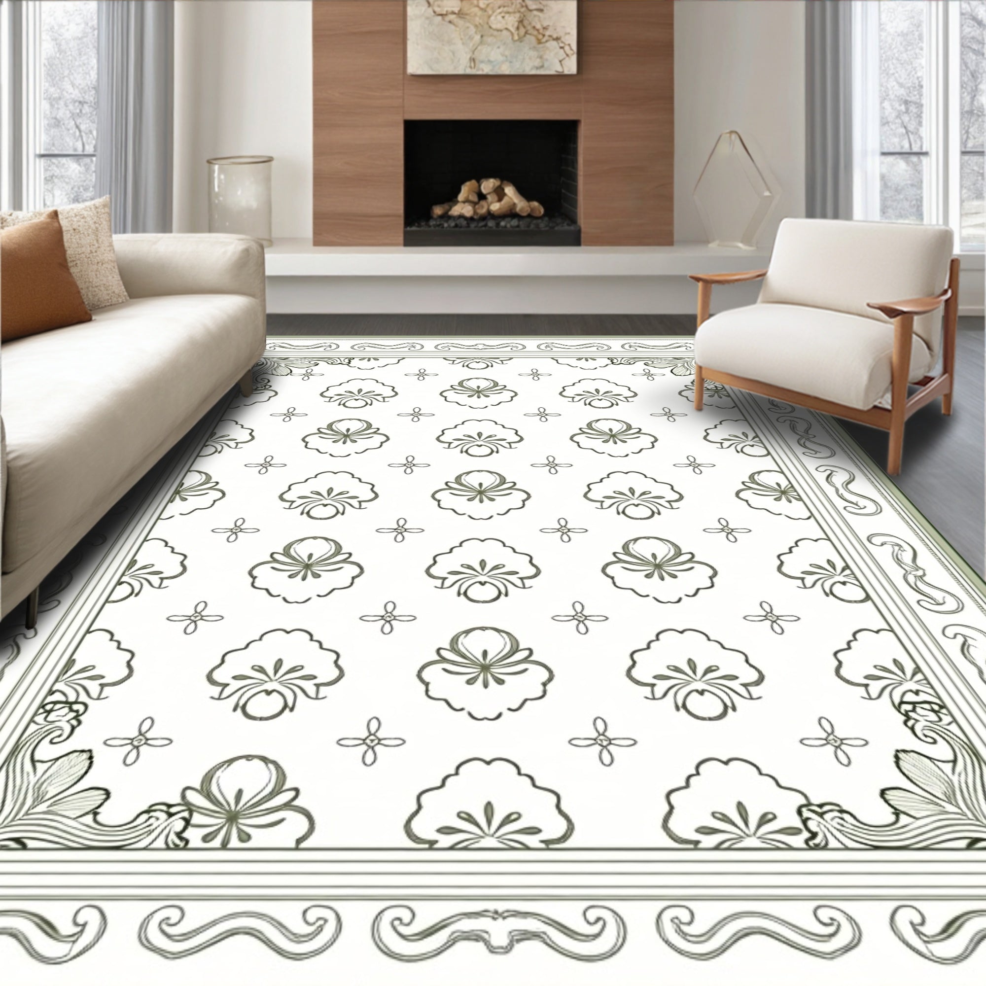 Green Floral Medallion Border Rug